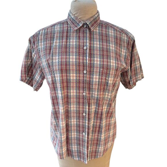 Woolrich Vintage Women’s Seersucker Blouse Short Sleeve Button Front Sz. M Prepp - Picture 1 of 7